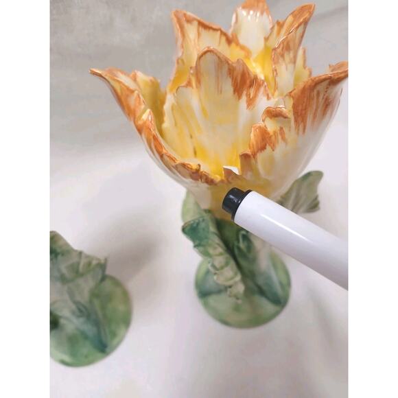 2 Pc Chelsea House Porcelain Lily Flower 7" Candlestick Holders Yellow Vnt - Picture 10 of 15
